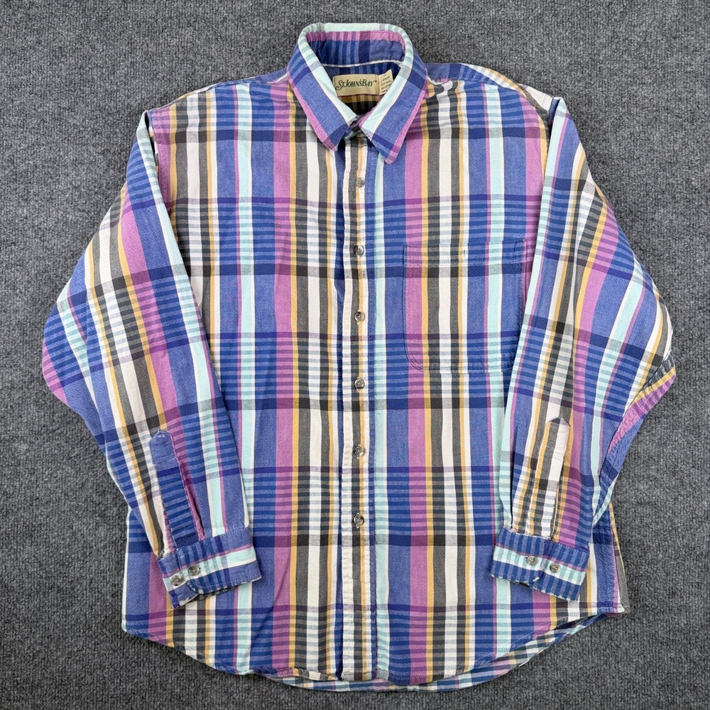 Vintage St Johns Bay Flannel Shirt Mens L Blue Pink Long Sleeve Made in USA 80s